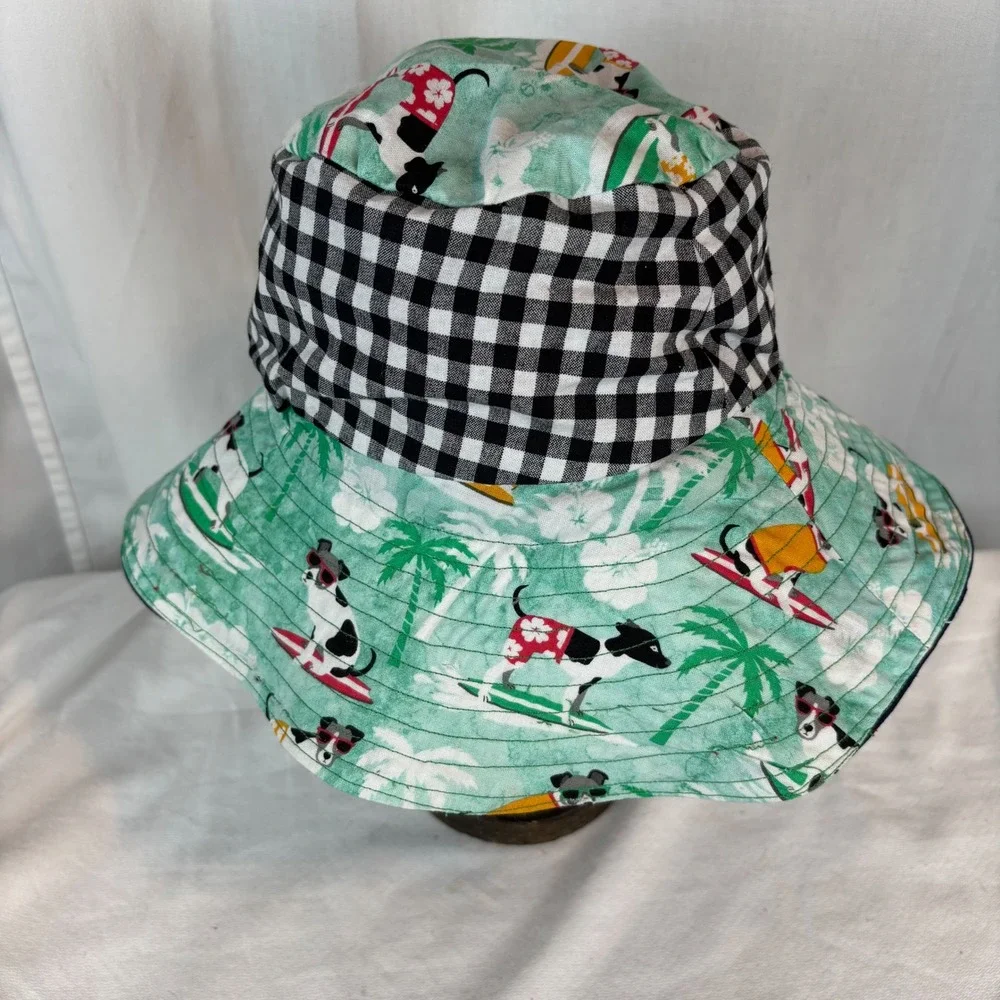 Kids Reversible Bucket Hat Patriotic Americana Surfing Dogs Sun Hat 19 Inch